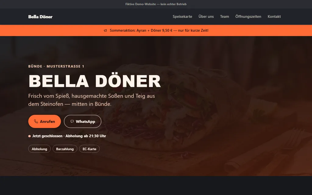 Bildschirmfoto der Beispielseite Bella Döner: dunkles Streetfood-Design mit Döner-Foto