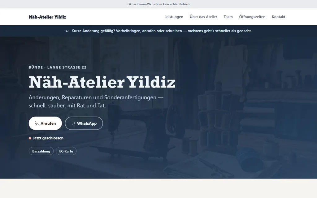 Bildschirmfoto der Beispielseite Näh-Atelier Yildiz: Leinen- und Indigotöne mit Atelier-Foto