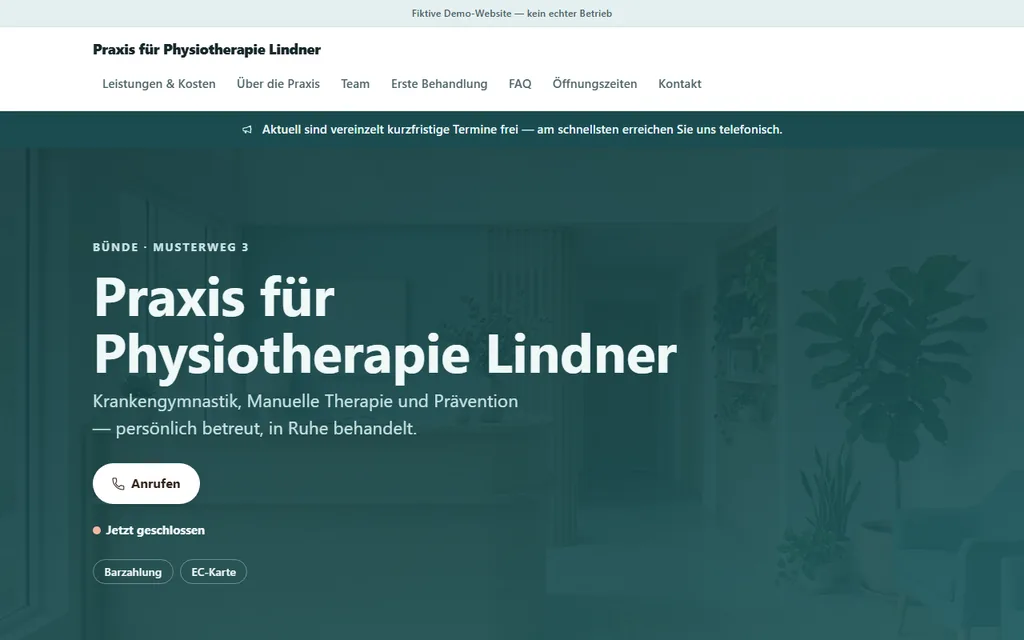 Bildschirmfoto der Beispielseite Praxis für Physiotherapie Lindner: ruhige Praxisräume in Türkistönen