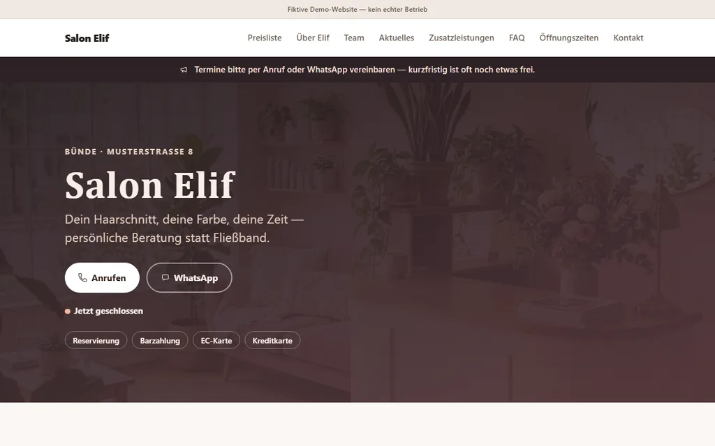 Bildschirmfoto der Beispielseite Salon Elif: elegantes Design mit Serifenschrift